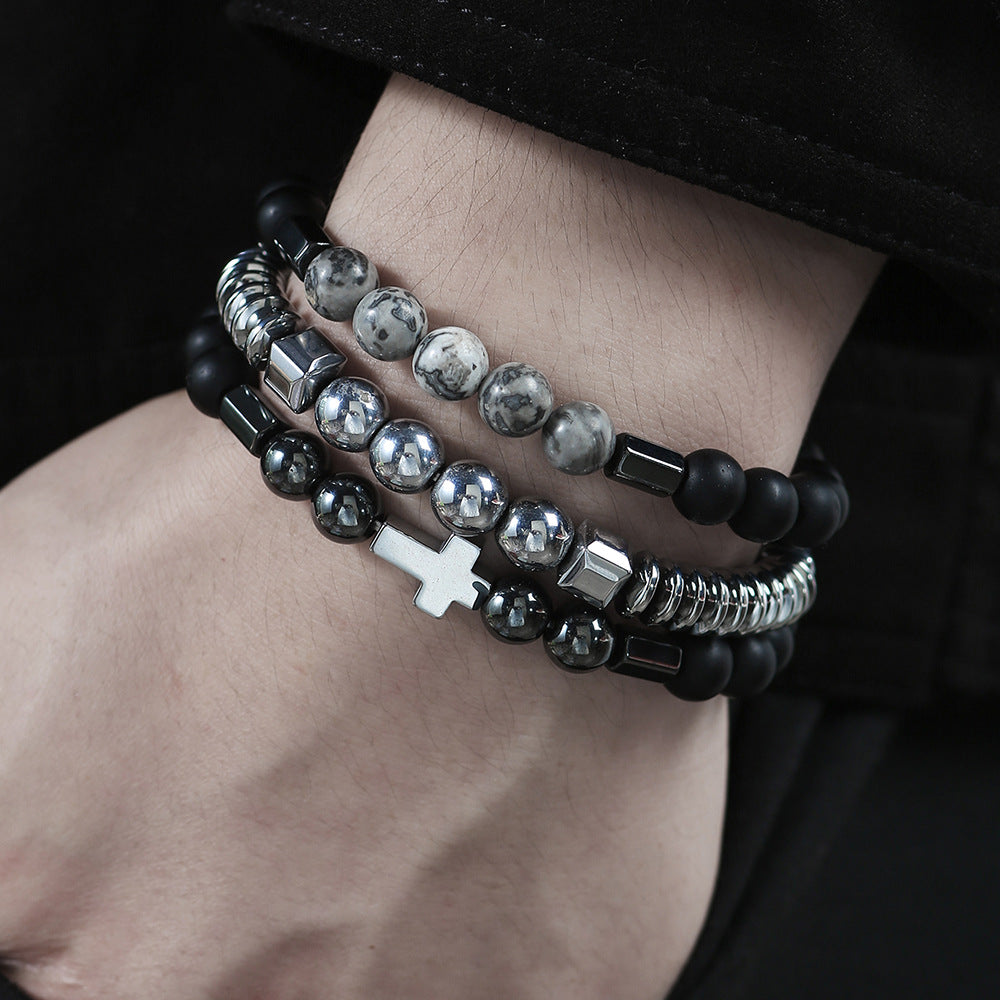 Men's Haematite Cross Bracelet Set