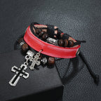 Leather Cross Bracelet with Beaded Design and Alloy Charm