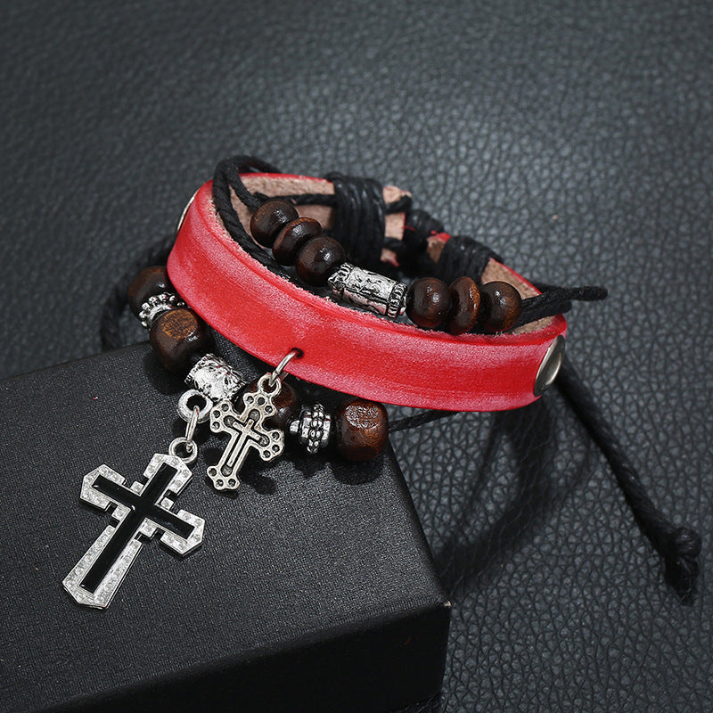Leather Cross Bracelet with Beaded Design and Alloy Charm