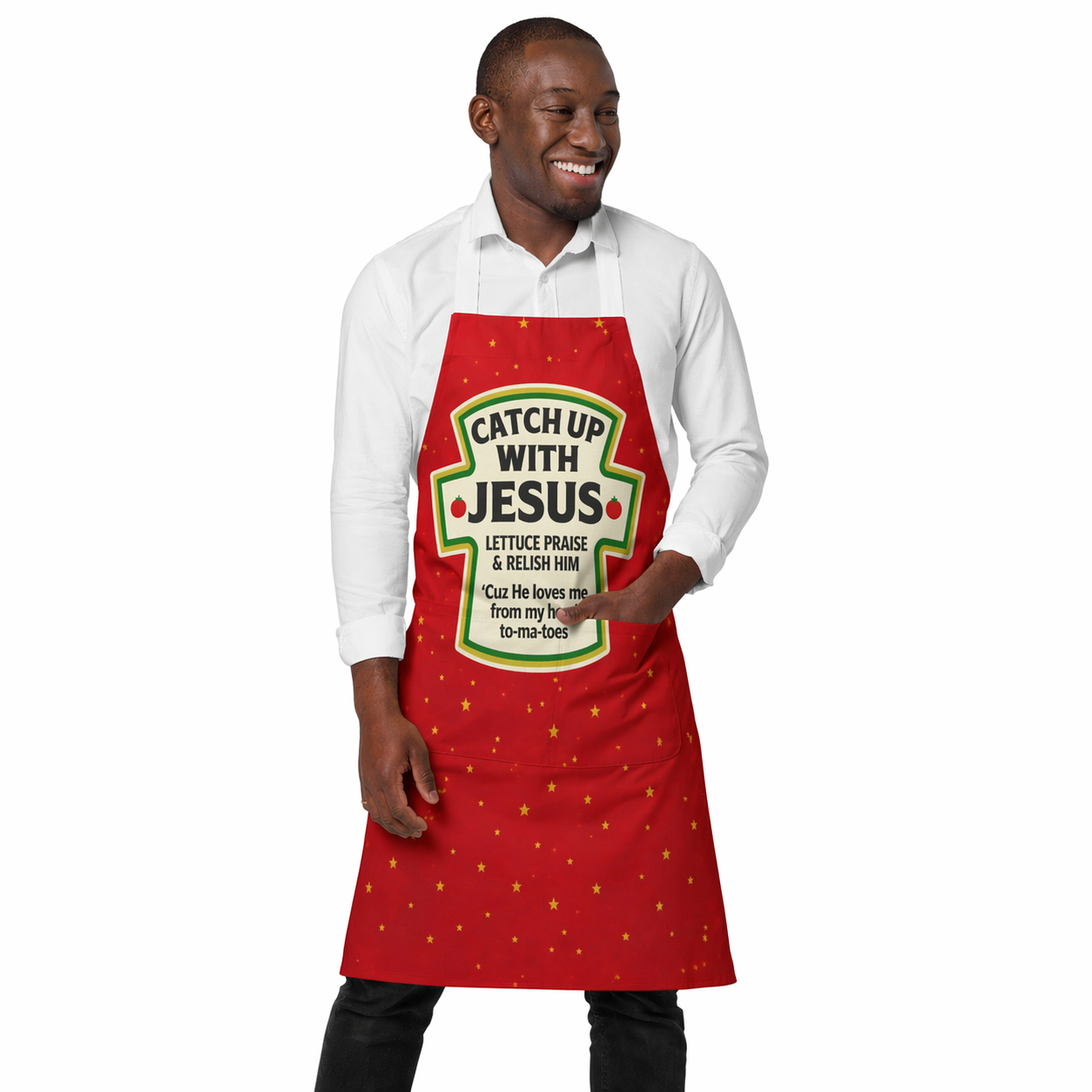 Delantal "Ponte al día con Jesús" - Delantal de cocina cristiano "Alabemos y disfrutemos de Él"