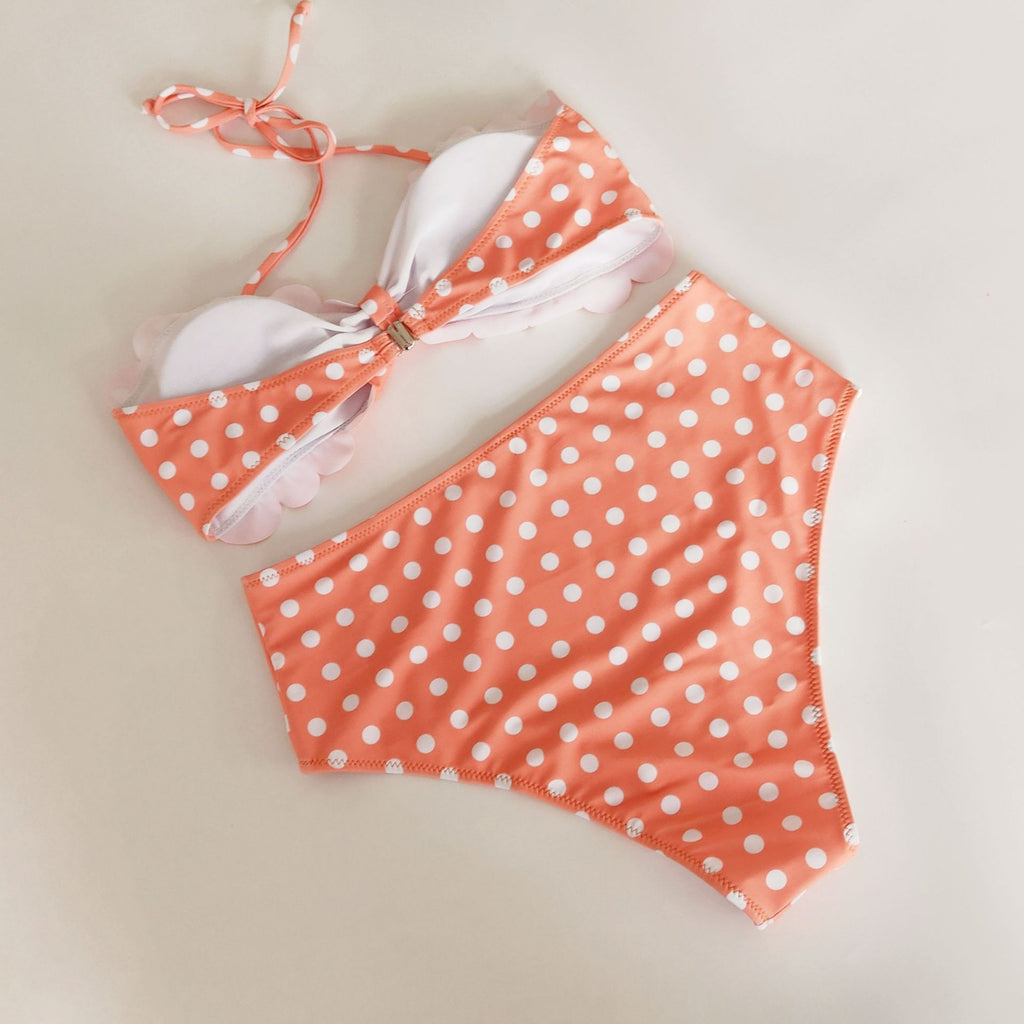 Women's Coral Polka Dot Scalloped High-Waist Bikini Set