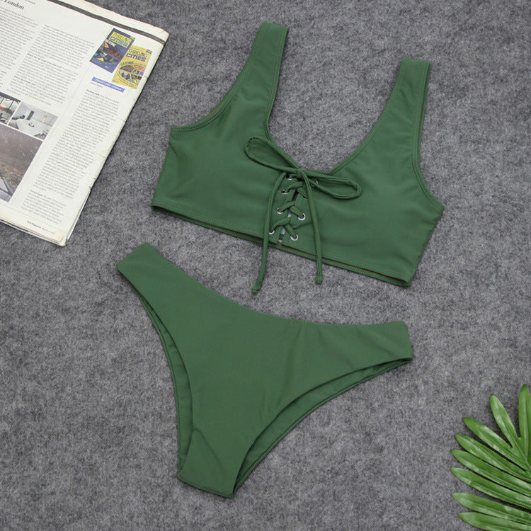 Solid Lace-Up Scoop-Neck Bikini Set