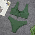 Solid Lace-Up Scoop-Neck Bikini Set