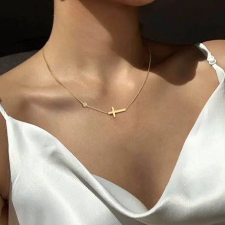 18K Gold Plated Cross Necklace with Rhinestones (One)