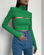Hollow High-neck Ribbed Long-sleeved Crop Top