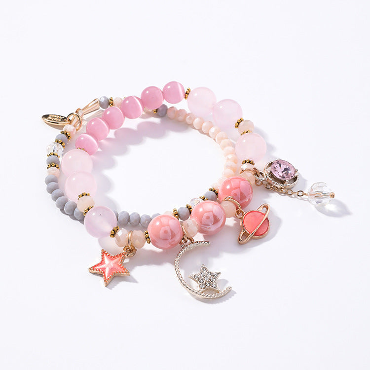 Multi-Layer Bracelet with Star, Moon, and Cat Eye Crystals
