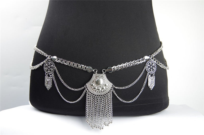 Boho Silver Tassel Waist Body Chain
