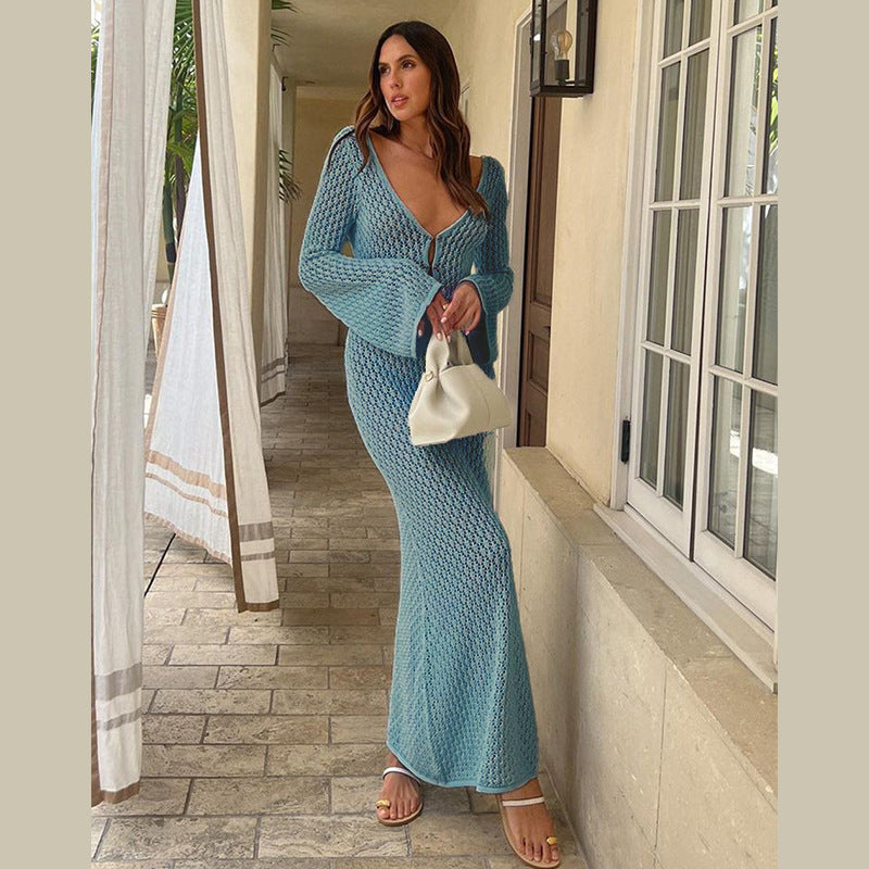 White Crochet Knit Maxi Beach Cover-Up Dress