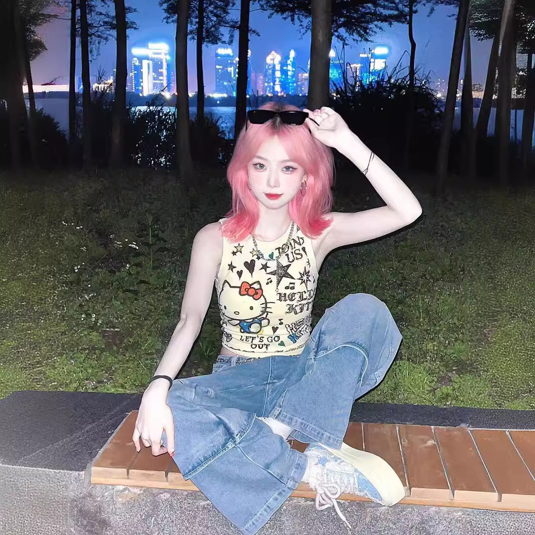 Kitty Cat Graphic Crop Tank Top