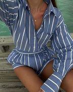 2023 Summer Women's Striped Cotton Shirt & Shorts Set