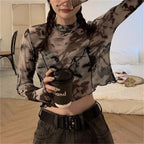 Korean Y2K Women's Tie-Dye Mesh Long Sleeve Crop Top
