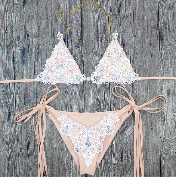 Rhinestone Lace Tie-Side Bikini
