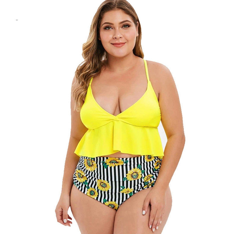 Plus Size Ruffle Tankini with Sunflower High-Waist Bottom
