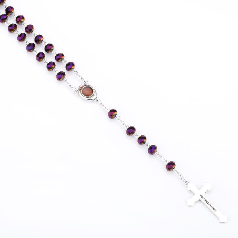 Catholic Beaded Necklace with Purple Glass Crucifix