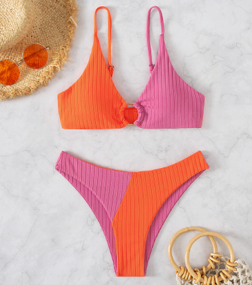 Color-Block Ribbed Ring-Front Bikini Set