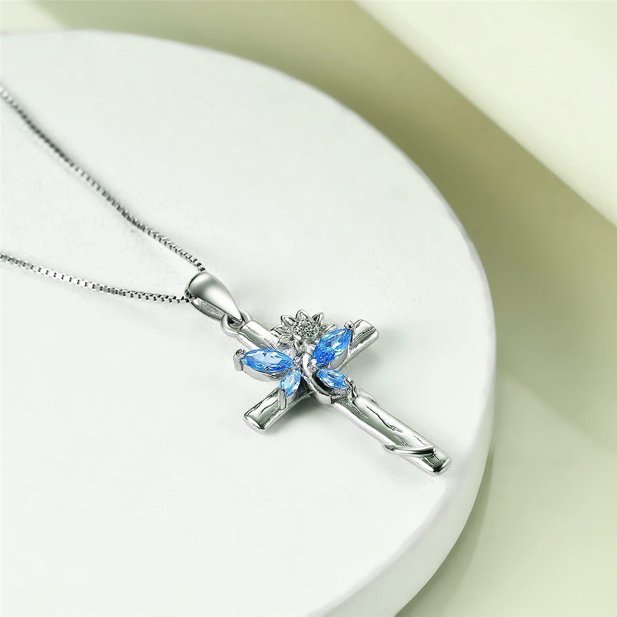 Blue Crystal Butterfly Sunflower Cross Pendant Necklace