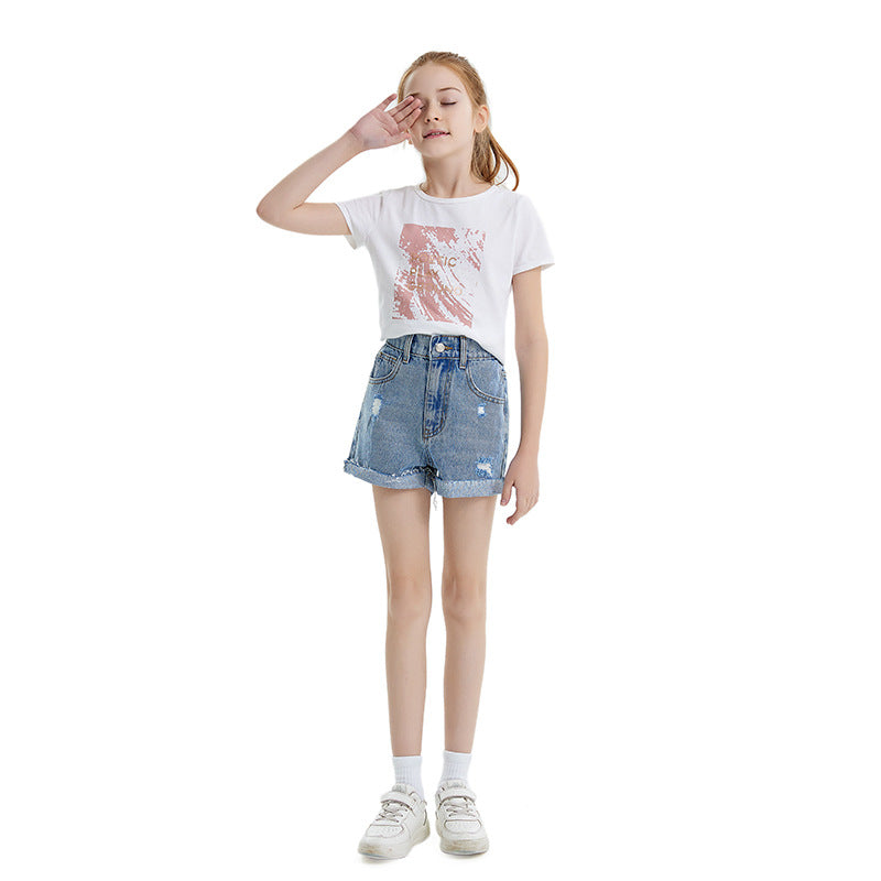 2024 Spring/Summer Girls' Distressed Denim Shorts