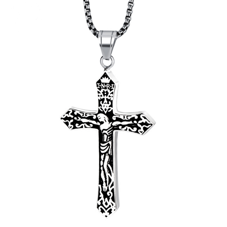 Jesus Cross Pendant Necklace for Men - Titanium Steel Christian Jewelry