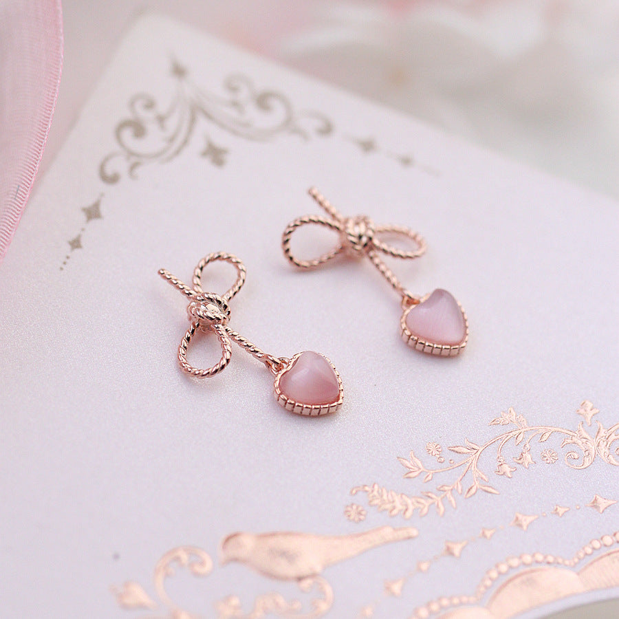 Silver Pink Heart Cat Eye Bow Earrings for Women