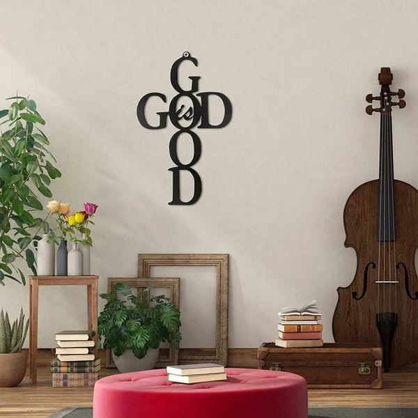 Cruz negra de metal para pared - Letrero decorativo "Dios es bueno"