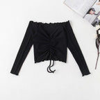 Long Sleeve Crop Top with Ruching and Off-Shoulder Design