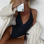 Yellow Deep-V Lace-Up One-Piece Swimsuit