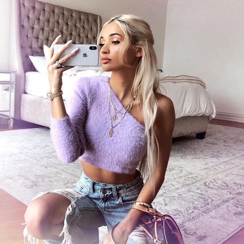 New Sexy One-Shoulder Crop Top with Fur Sleeves
