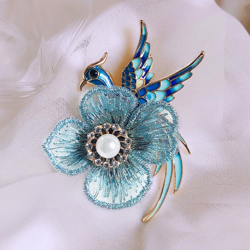 Creative Handmade Embroidered Brooch with Enamel Bird