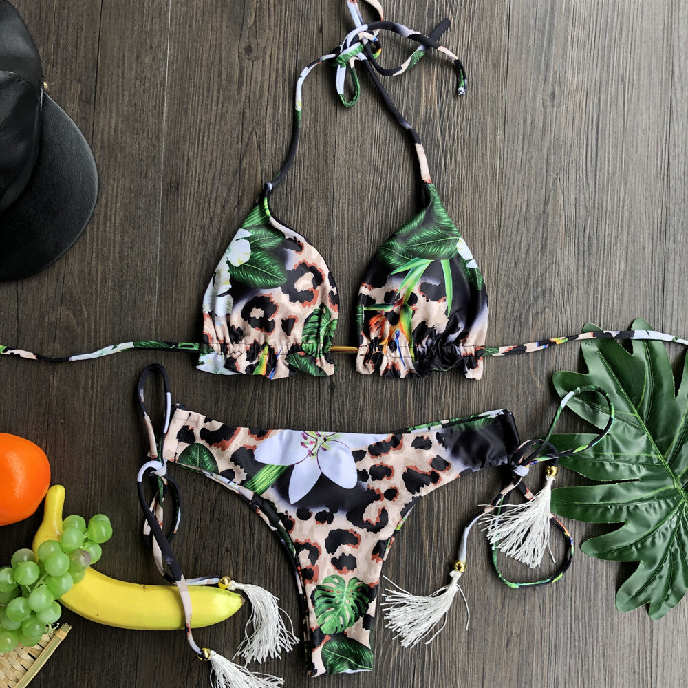 Feather Print Push-Up Tassel Bikini Set