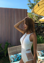 White Mesh Panel High-Neck One-Piece Swimsuit