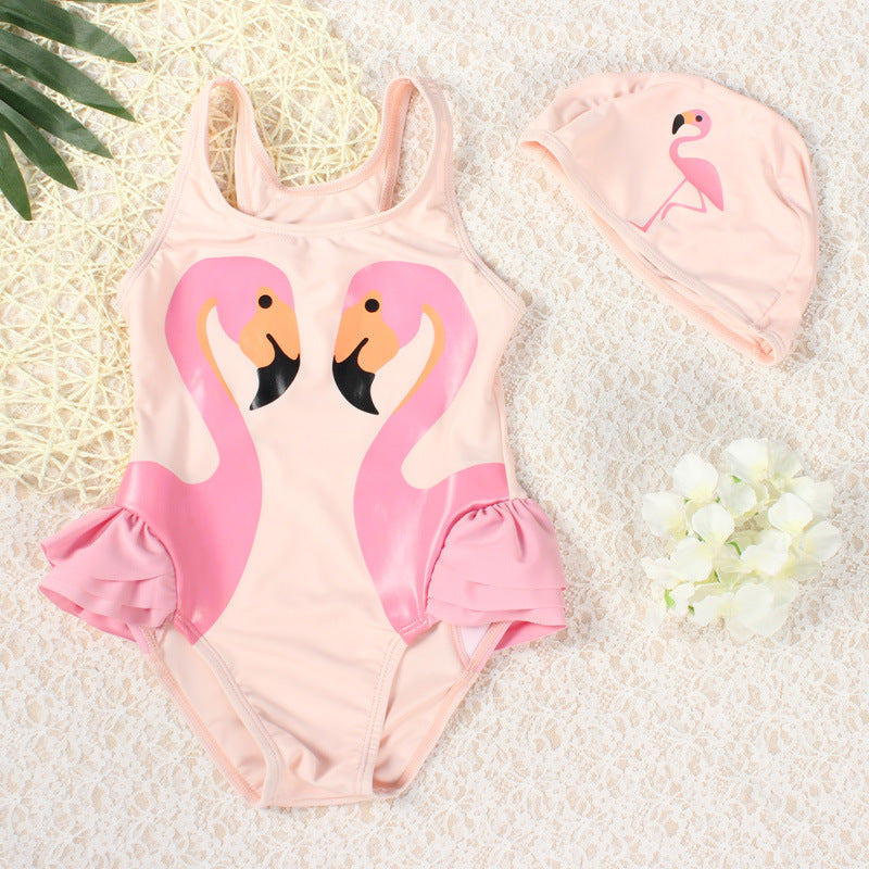 Girls Swan One-Piece Swimsuit with Swim Cap