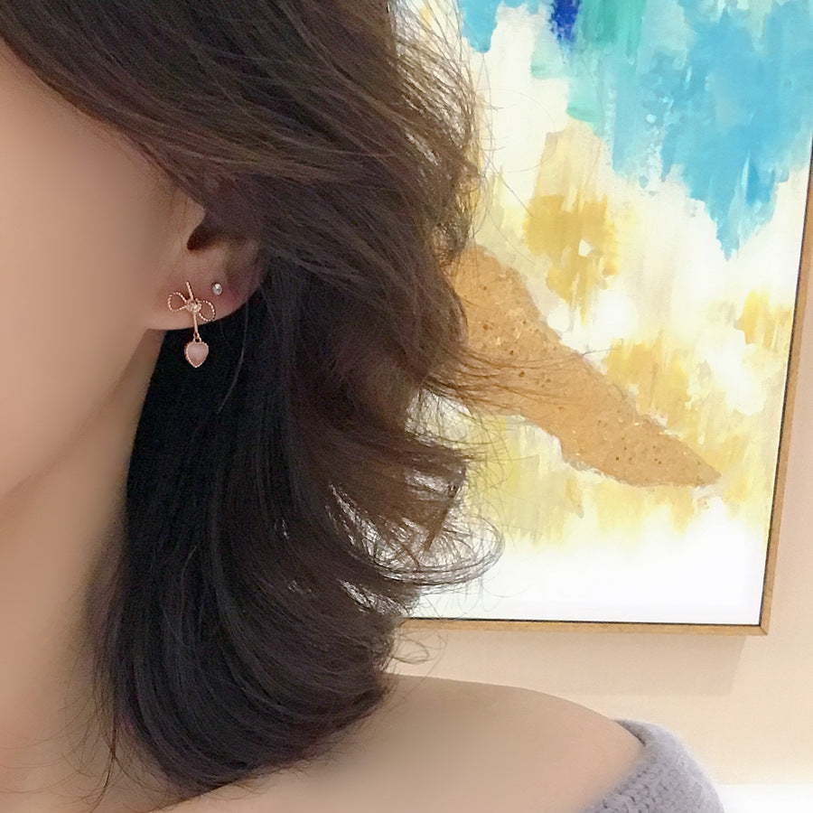 Silver Pink Heart Cat Eye Bow Earrings for Women