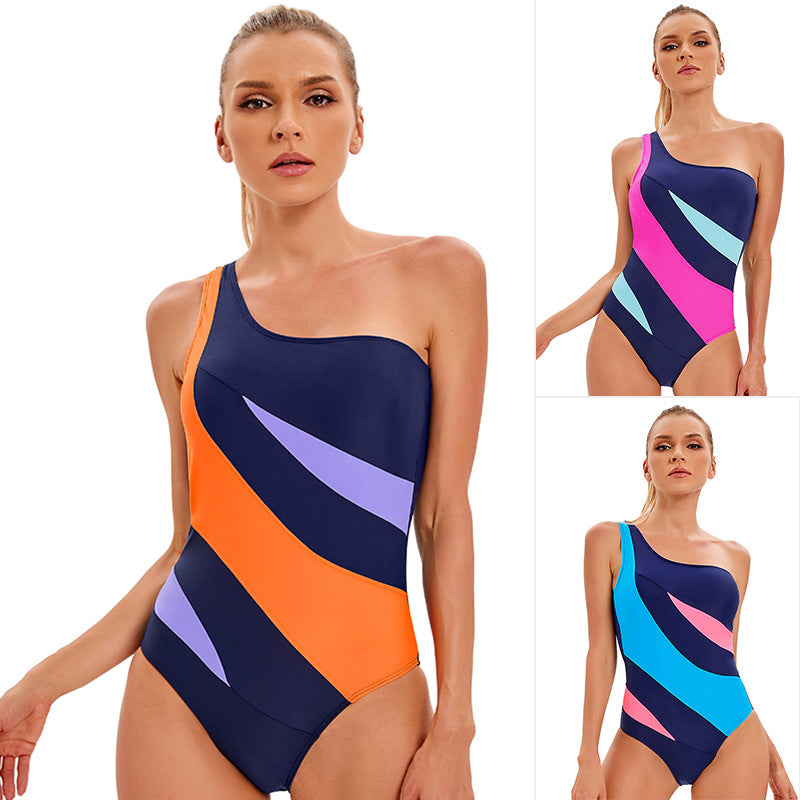 One-Shoulder Color Block Stripe One-Piece Swimsuit