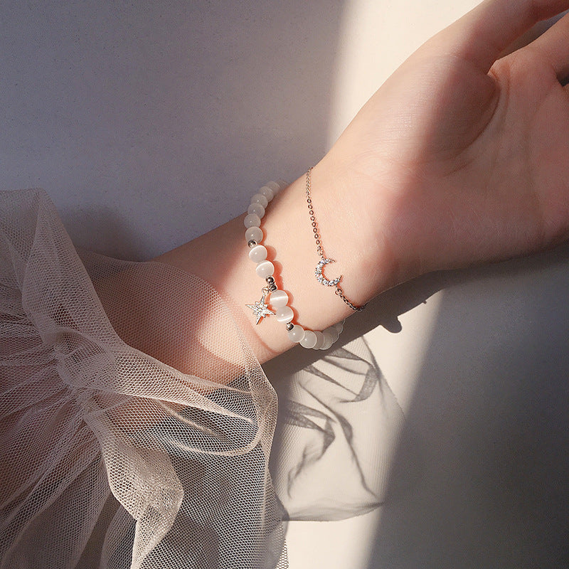 Star and Moon Double-layer Bracelet with Cat's Eye Stone