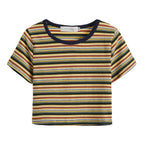 Striped Knit Crop Top T-Shirt with Round Neck