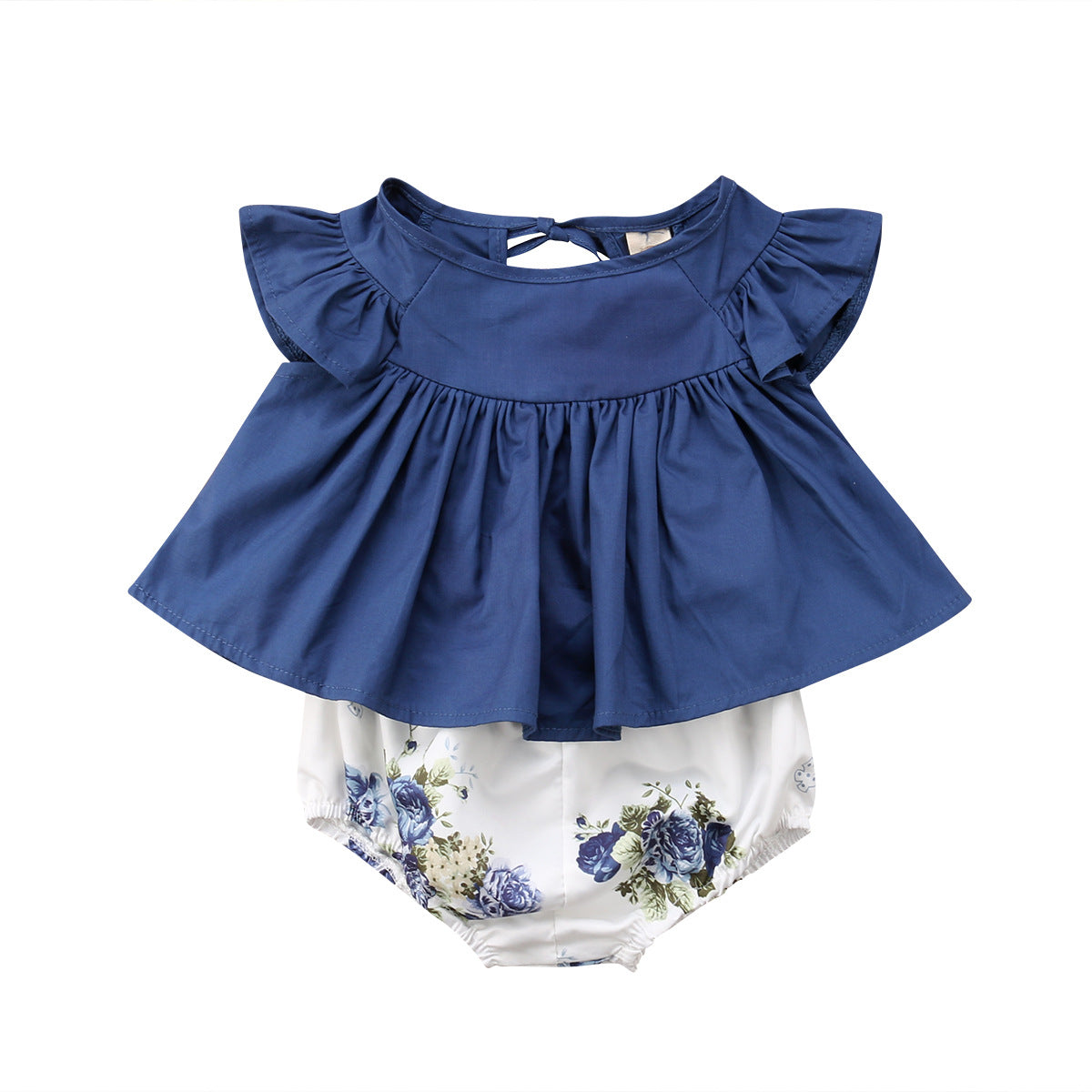 2019 Girls' White Printed Top with Denim Shorts Set