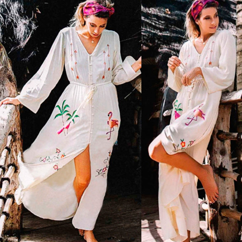 Embroidered Long Sleeve Sun Protection Beach Cover-Up