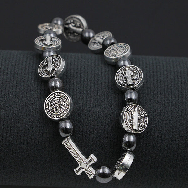 Hematite Rosary Bracelet with Religious Character Design | Christian Jewelry