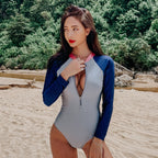 Korean Style Long Sleeve Color Block Backless Swimsuit