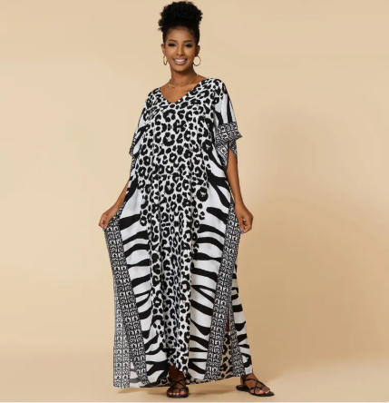 Animal Print Long Kaftan Beach Cover-Up Dress