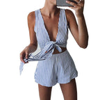 Deep V Striped Tie-Front Top and Shorts Set