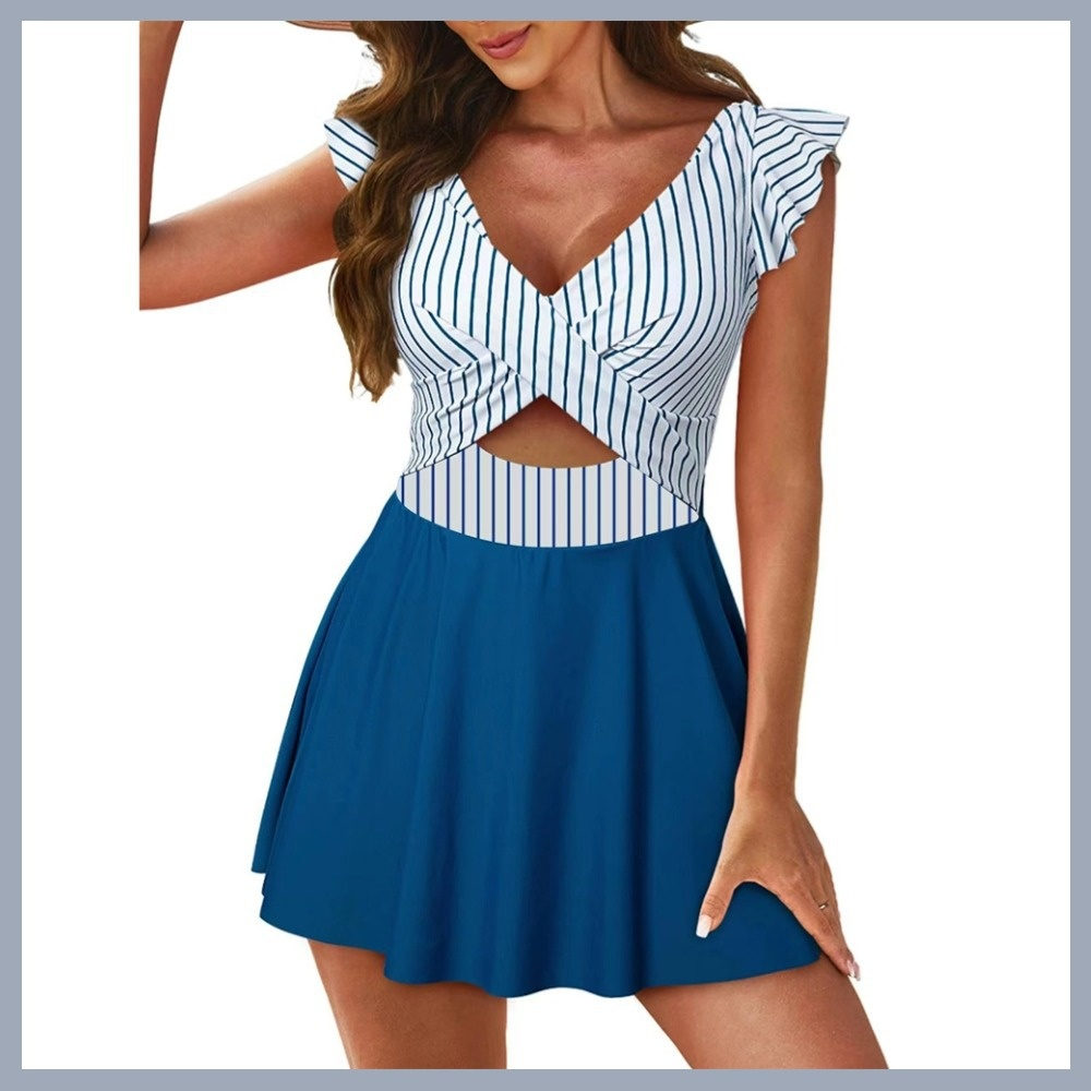 Color Block Cross-Front Swim Dress