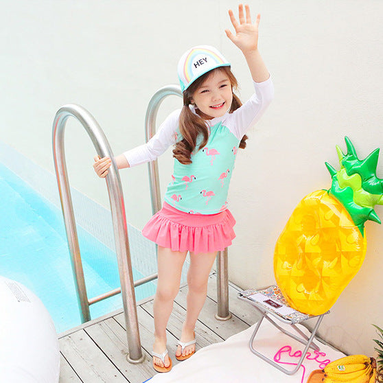 Girls' Flamingo Long-Sleeve Rashguard Swimsuit Set with Cap