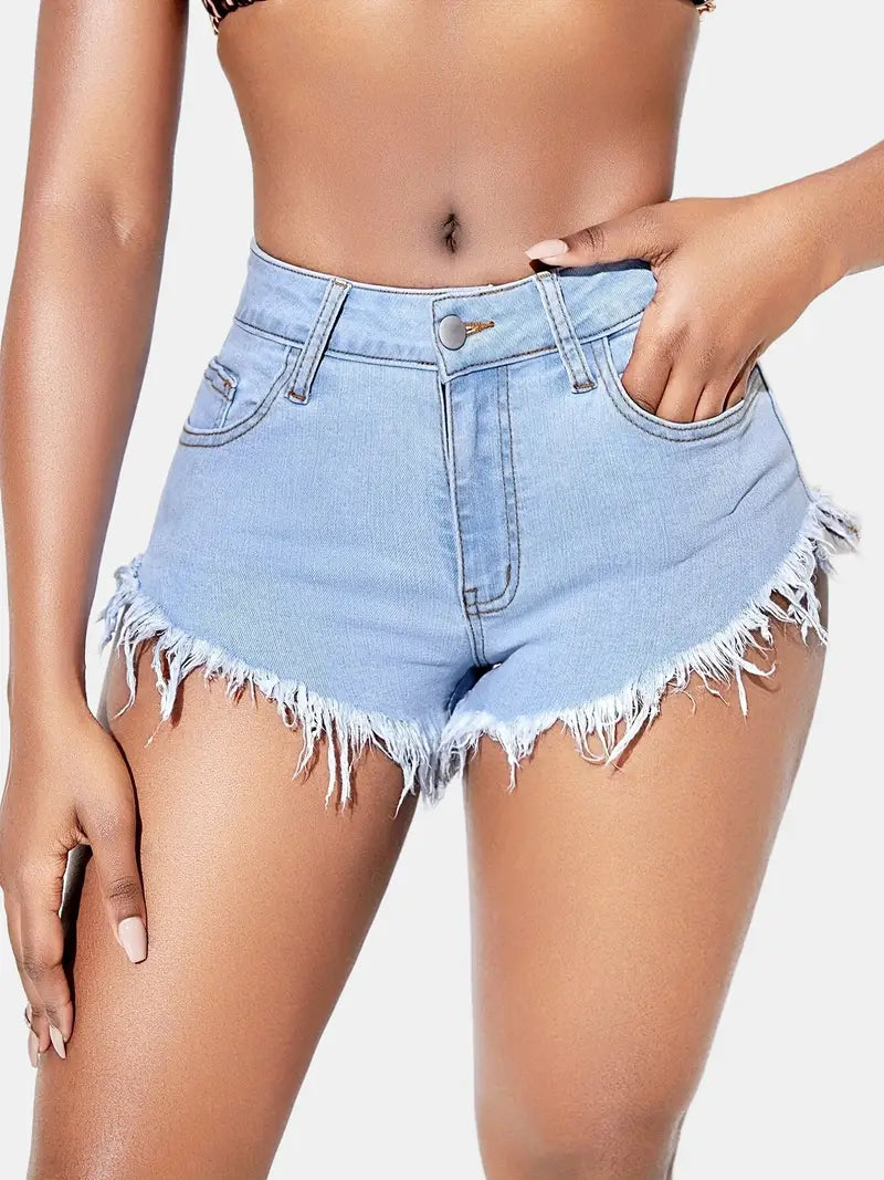 Women's Blue Distressed Denim Shorts with Pockets