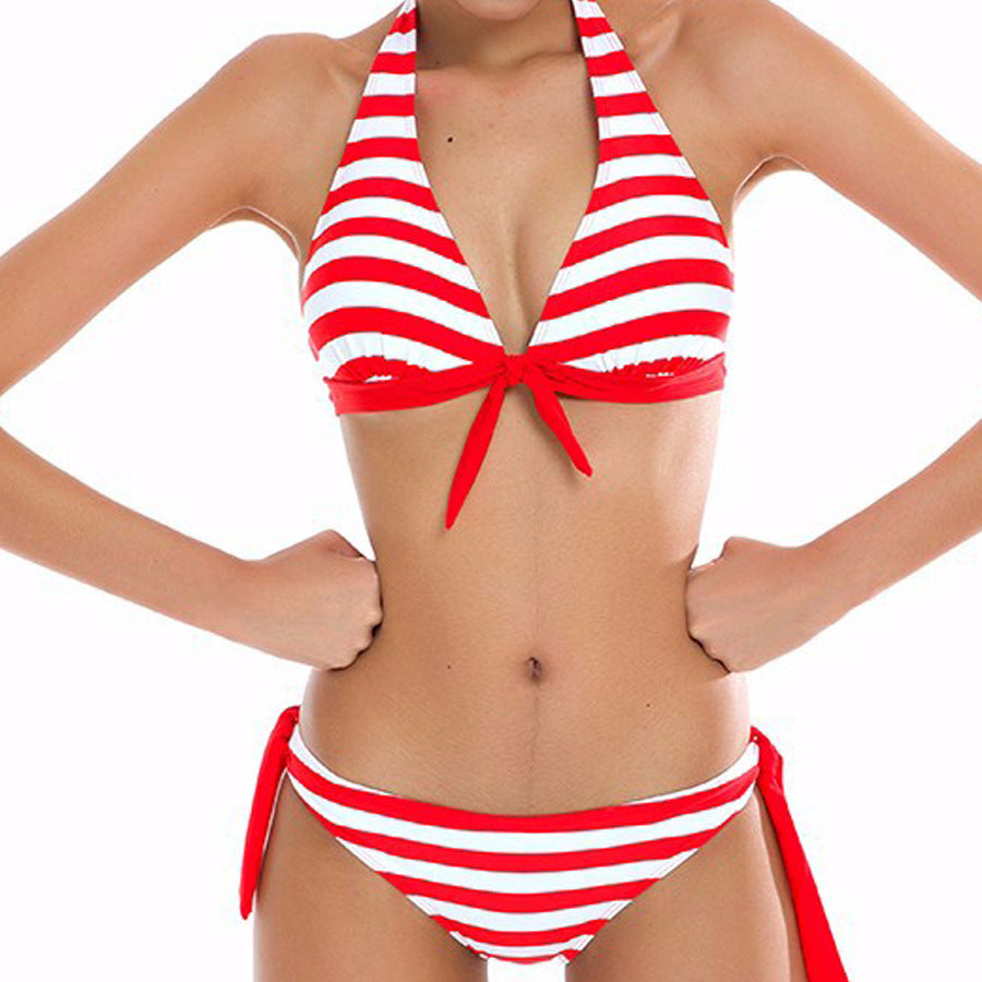 Striped Halter Triangle Bikini Set