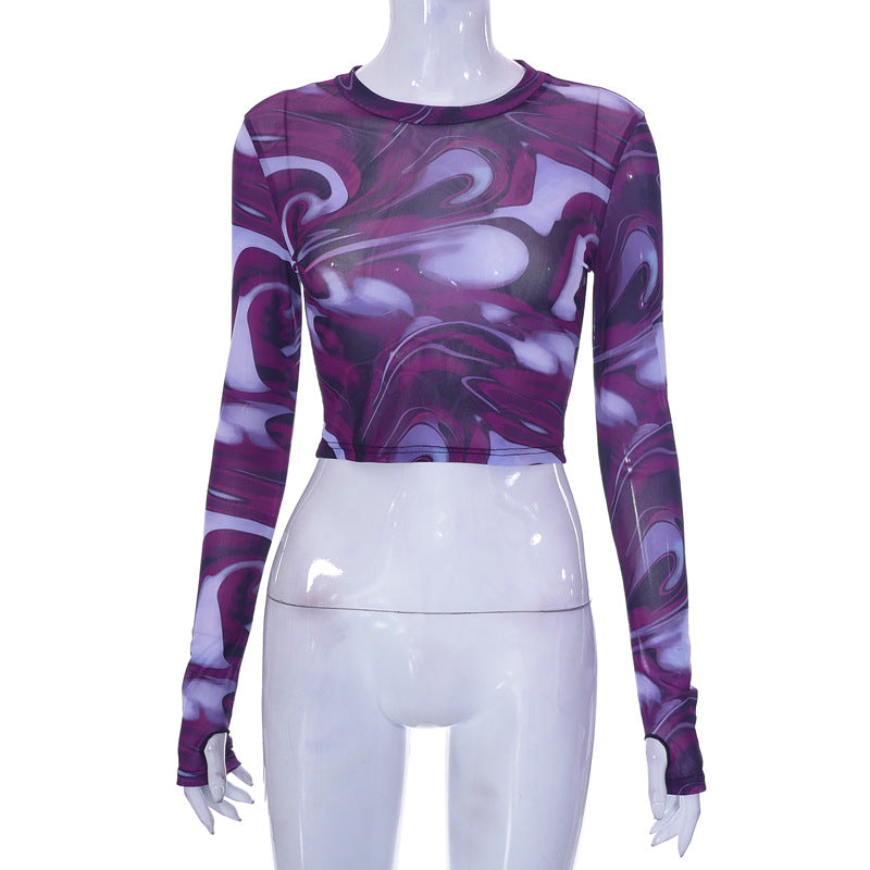 Q21TP574 Women's Casual Autumn Crop Top with Print