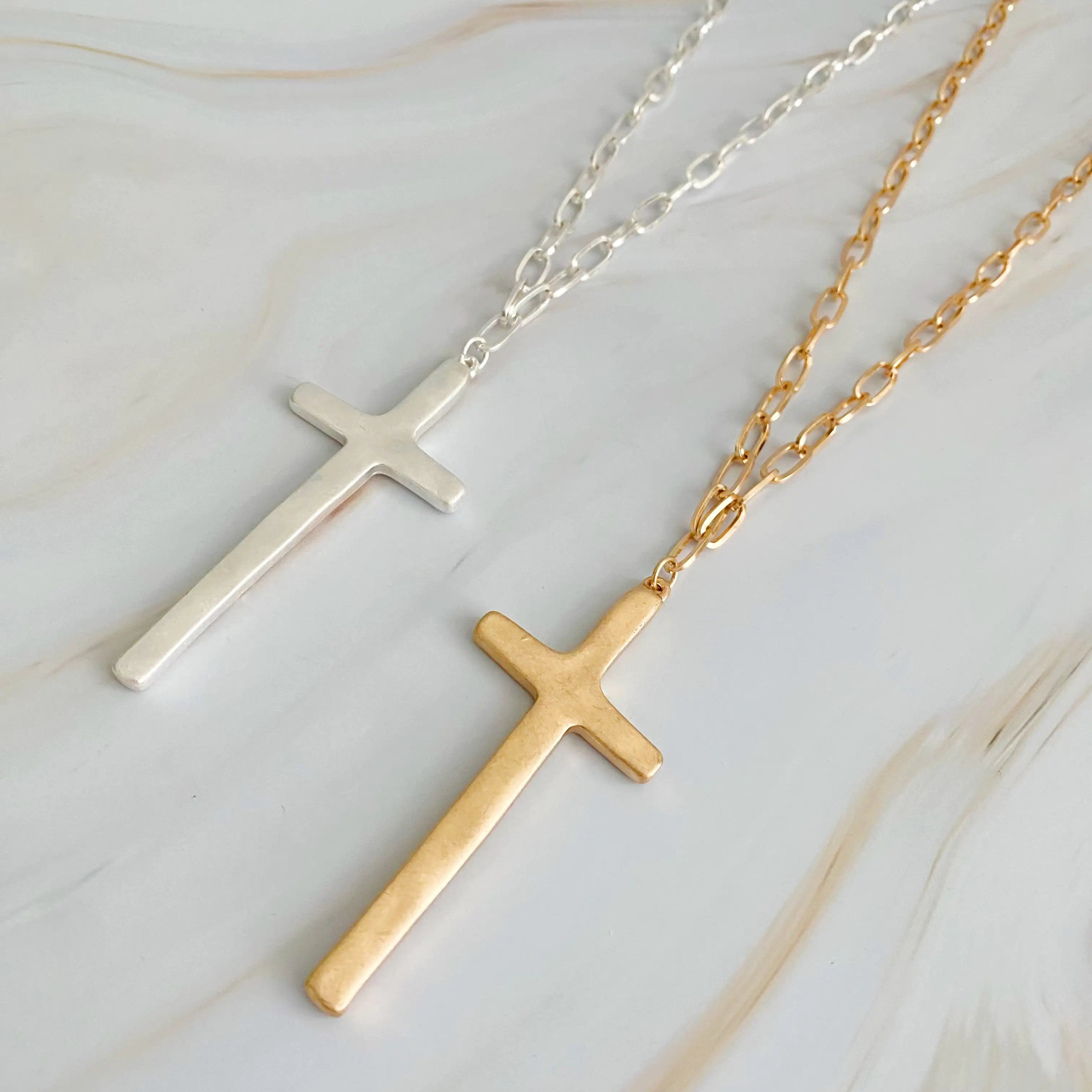 Hammered Cross Long Chain Necklace | Christian Jewelry