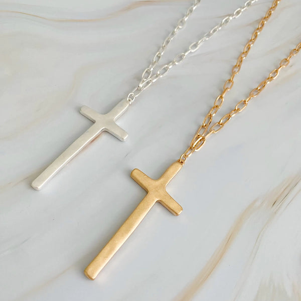 Hammered Cross Long Chain Necklace | Christian Jewelry