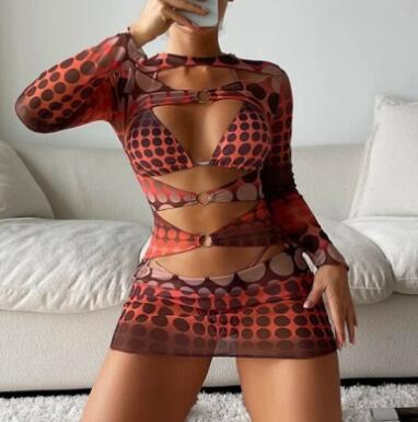Sheer Polka-Dot Mesh Long-Sleeve Cover-Up Dress