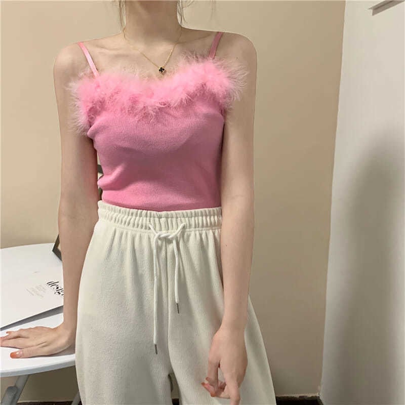 Feather-Trim Knit Camisole Top